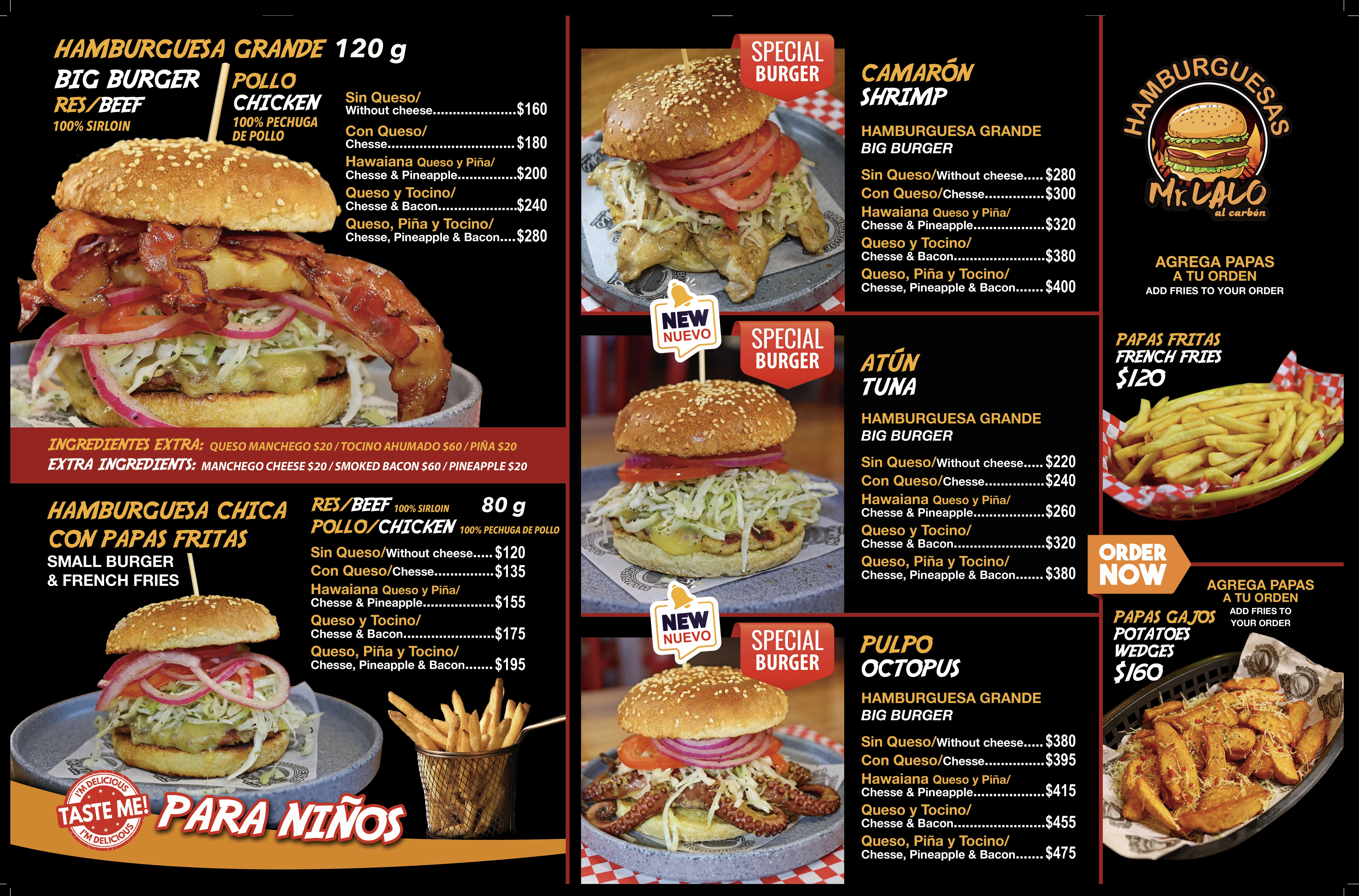 Menú de hamburguesas grandes, chicas, camarón, atún, pulpo, papas y precios de Mr. Lalo